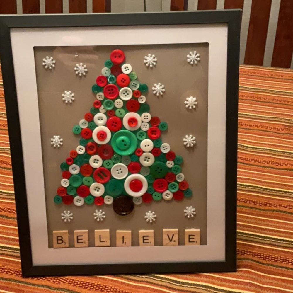 BELIEVE…Button Art Christmas Tree. Handmade in 8x19 Frame.